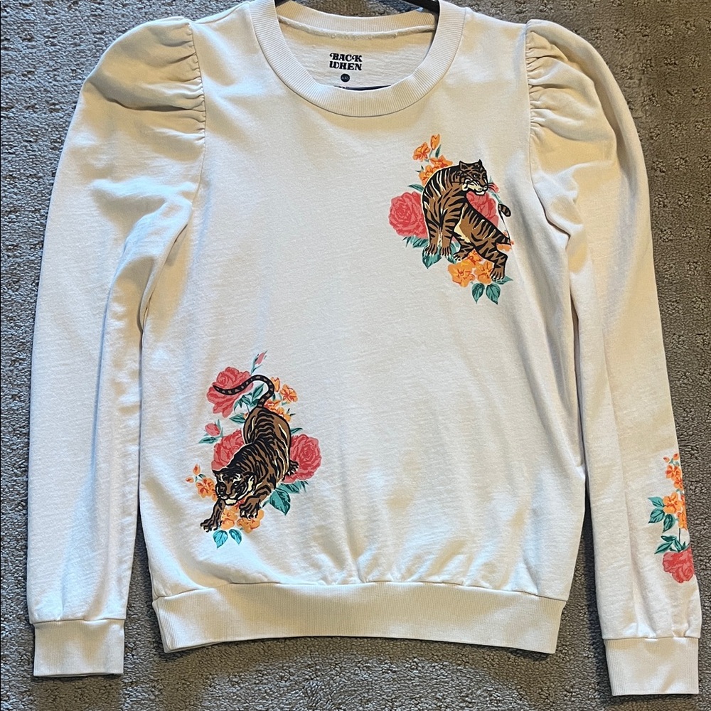 Anthropologie Back When White Sweatshirt with Tiger and Floral Design